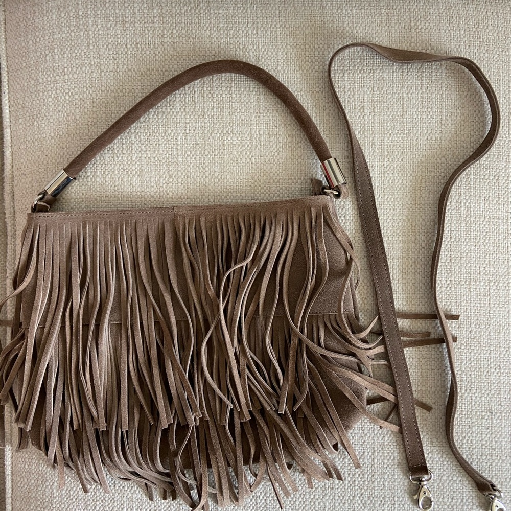 Prune Leather Suede Fringe Shoulder Bag